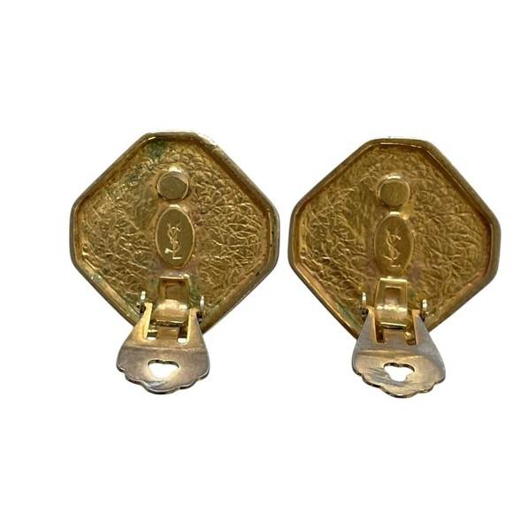 YSL Vintage Gold and Silver Hexagon Clip On Earrings - Picture 6 of 6